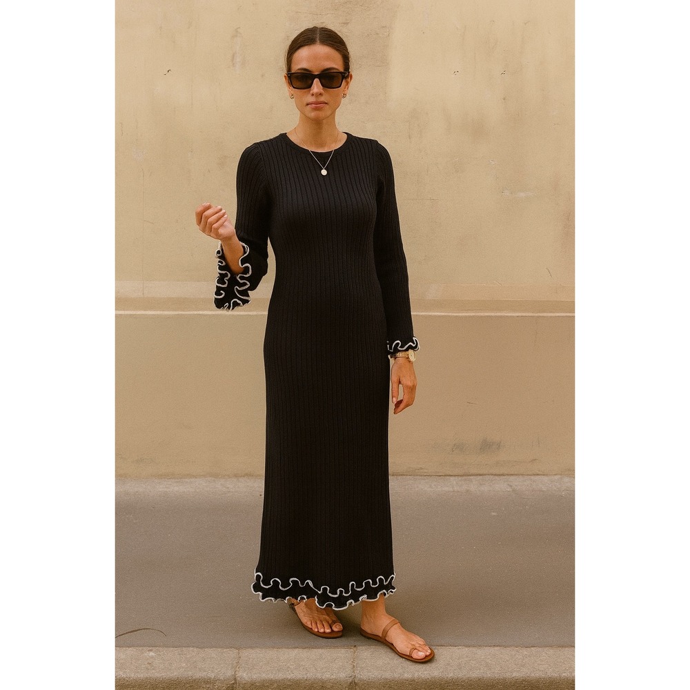 Commense Semi-Sheer Black Knit Maxi Dress Ruffle Trim Long Sleeve Elegant XL